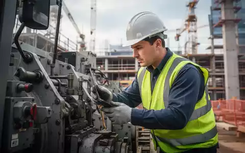 Ein Bauarbeiter in Schutzausrüstung inspiziert sorgfältig Maschinen auf einer Baustelle, symbolisierend Arbeitssicherheit und Prävention. - Foto: über boerse-global.de