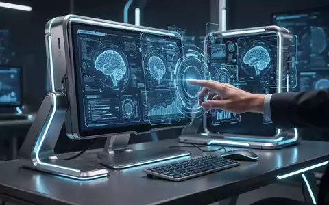 A futuristic personal computer workstation with glowing blue accents and holographic AI data projections, symbolizing advanced computing. - Foto: über boerse-global.de