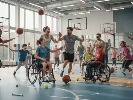 Eine vielfältige Gruppe von Menschen aller Altersgruppen und Fähigkeiten nimmt an verschiedenen Sportaktivitäten in einem modernen Sportzentrum teil. - Foto: über boerse-global.de