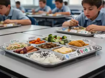 Ein ordentlich angerichtetes Schulessen auf einem Tablett, mit kleinen Allergen-Symbolen oder Fußnoten neben den Speisen. - Foto: über boerse-global.de