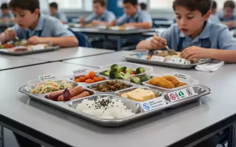 Ein ordentlich angerichtetes Schulessen auf einem Tablett, mit kleinen Allergen-Symbolen oder Fußnoten neben den Speisen. - Foto: über boerse-global.de