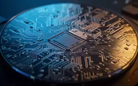 Close-up of a semiconductor wafer with intricate circuitry, reflecting blue and gold light. - Foto: über boerse-global.de