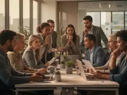 Eine vielfältige Gruppe von Menschen in einem modernen Büroumfeld, die Zusammenarbeit und individuelle Reflexion darstellen. - Foto: über boerse-global.de
