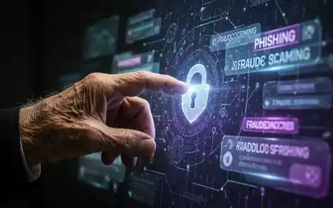 Eine ältere Hand berührt zögernd eine digitale Oberfläche mit verschwommenen Phishing-Elementen, die KI-Betrug und finanziellen Verlust symbolisieren. - Foto: über boerse-global.de