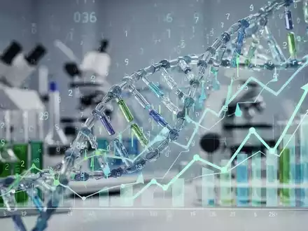 Abstrakte Darstellung von DNA-Strängen, numerischen Daten und absteigenden Graphen, die den Erfolg einer Gentherapie symbolisieren. - Foto: über boerse-global.de