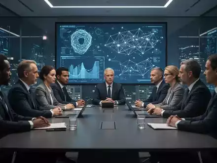 Eine Gruppe von Fachleuten bespricht digitale Sicherheitsstrategien in einem modernen Konferenzraum mit Bildschirmen voller Datenvisualisierungen. - Foto: über boerse-global.de
