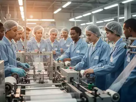 Arbeiter in einer modernen Textilfabrik, die an Maschinen zusammenarbeiten, symbolisieren Produktivität und Einkommenswachstum. - Foto: über boerse-global.de