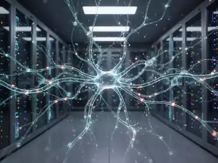 Abstraktes digitales neuronales Netz mit leuchtenden Verbindungen vor einem futuristischen Serverraumhintergrund. - Foto: über boerse-global.de