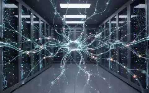 Abstraktes digitales neuronales Netz mit leuchtenden Verbindungen vor einem futuristischen Serverraumhintergrund. - Foto: über boerse-global.de