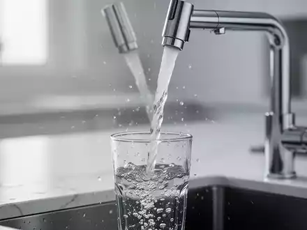 Klares Wasser fließt aus einem modernen Wasserhahn in ein Glas in einer sauberen Küche. - Foto: über boerse-global.de