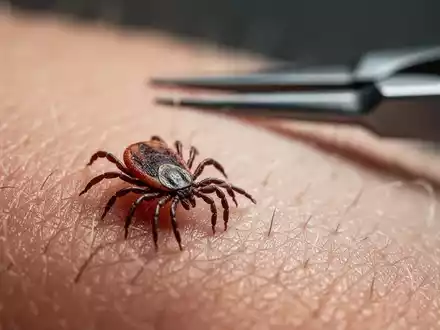 Nahaufnahme einer Zecke auf menschlicher Haut, im Hintergrund eine unscharfe Pinzette. Fokus auf das potenzielle Gesundheitsrisiko. - Foto: über boerse-global.de