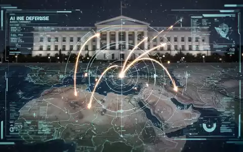 A holographic display showing missile trajectories over a map of the Middle East, with a faint Pentagon building in the background. - Foto: über boerse-global.de