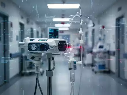 Medizinisches Gerät mit digitaler Überlagerung, die einen Cyberangriff symbolisiert, im Hintergrund ein Krankenhausflur. - Foto: über boerse-global.de