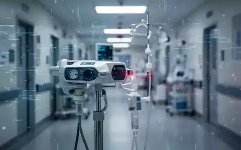 Medizinisches Gerät mit digitaler Überlagerung, die einen Cyberangriff symbolisiert, im Hintergrund ein Krankenhausflur. - Foto: über boerse-global.de