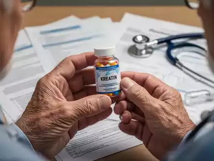 Nahaufnahme der Hände eines älteren Mannes, der ein Kreatin-Pillenfläschchen hält, mit unscharfem medizinischem Hintergrund. - Foto: über boerse-global.de