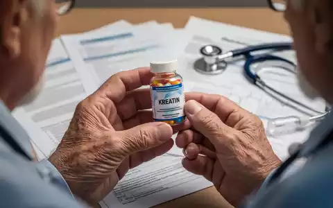 Nahaufnahme der Hände eines älteren Mannes, der ein Kreatin-Pillenfläschchen hält, mit unscharfem medizinischem Hintergrund. - Foto: über boerse-global.de