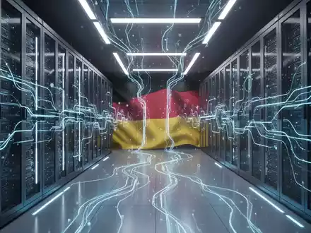 A futuristic server room with glowing blue lines, representing AI regulation and digital security in Germany. - Foto: über boerse-global.de