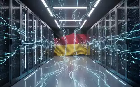 A futuristic server room with glowing blue lines, representing AI regulation and digital security in Germany. - Foto: über boerse-global.de