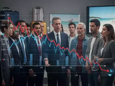 Eine Gruppe von Menschen, die vor einem Diagramm mit sinkenden Finanztrends stehen, mit Anspielungen auf Reisen im Hintergrund. - Foto: über boerse-global.de