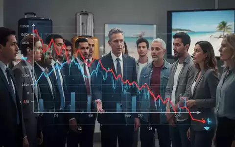 Eine Gruppe von Menschen, die vor einem Diagramm mit sinkenden Finanztrends stehen, mit Anspielungen auf Reisen im Hintergrund. - Foto: über boerse-global.de