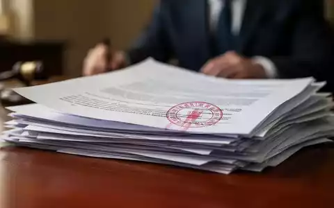 Nahaufnahme von juristischen Dokumenten auf einem Holztisch mit einem roten Stempel. Eine unscharfe Person ist im Hintergrund zu sehen. - Foto: über boerse-global.de