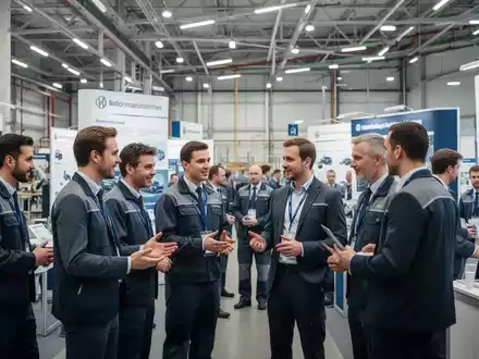 Mitarbeiter und Betriebsräte interagieren an Informationsständen auf einer Messe in einer modernen Fabrikhalle. - Foto: über boerse-global.de