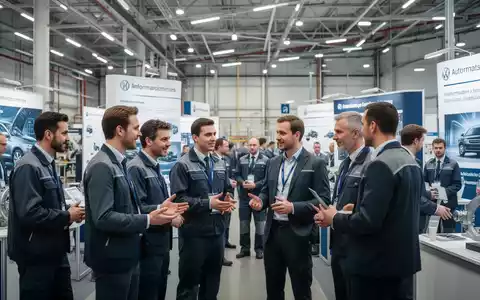 Mitarbeiter und Betriebsräte interagieren an Informationsständen auf einer Messe in einer modernen Fabrikhalle. - Foto: über boerse-global.de