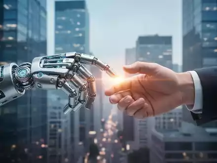 Eine Roboterhand und eine menschliche Hand berühren sich vor dem Hintergrund einer modernen Stadtlandschaft, die die Integration von KI in die Wirtschaft symbolisiert. - Foto: über boerse-global.de