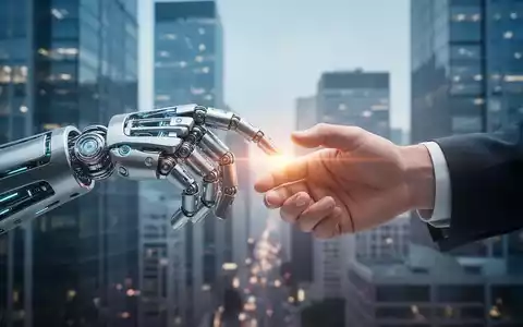 Eine Roboterhand und eine menschliche Hand berühren sich vor dem Hintergrund einer modernen Stadtlandschaft, die die Integration von KI in die Wirtschaft symbolisiert. - Foto: über boerse-global.de