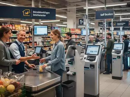 A busy supermarket with a traditional manned checkout lane on one side and modern self-service kiosks on the other, illustrating consumer choice. - Foto: über boerse-global.de