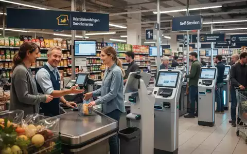 A busy supermarket with a traditional manned checkout lane on one side and modern self-service kiosks on the other, illustrating consumer choice. - Foto: über boerse-global.de