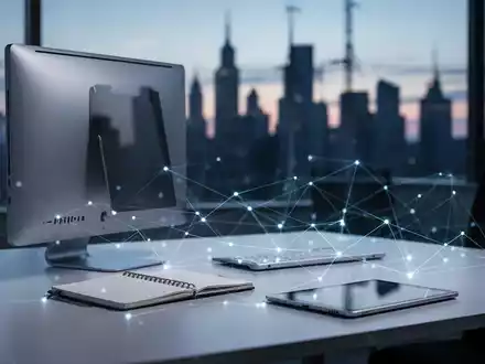 Modern IT equipment including a desktop PC, laptop, and tablet on a desk with glowing lines, symbolizing workplace services for a city utility. - Foto: über boerse-global.de
