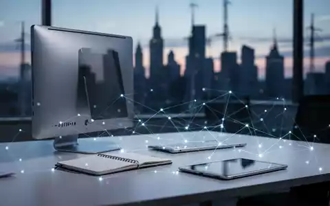 Modern IT equipment including a desktop PC, laptop, and tablet on a desk with glowing lines, symbolizing workplace services for a city utility. - Foto: über boerse-global.de