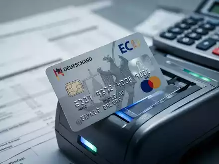 Eine deutsche EC-Bankkarte, die teilweise in ein Kartenlesegerät eingeführt ist, mit unscharfen Finanzdokumenten im Hintergrund. - Foto: über boerse-global.de