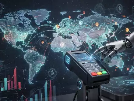 A futuristic financial interface with glowing data streams connecting global cities, symbolizing AI-powered autonomous payments. - Foto: über boerse-global.de