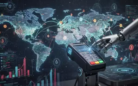 A futuristic financial interface with glowing data streams connecting global cities, symbolizing AI-powered autonomous payments. - Foto: über boerse-global.de