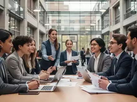 Eine Gruppe von Studierenden und Dozenten diskutiert in einem modernen Universitätsgebäude, symbolisch für Hochschulwahlen. - Foto: über boerse-global.de