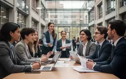 Eine Gruppe von Studierenden und Dozenten diskutiert in einem modernen Universitätsgebäude, symbolisch für Hochschulwahlen. - Foto: über boerse-global.de