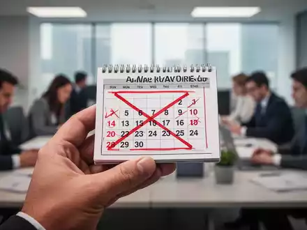 Eine Hand hält einen Miniaturkalender, auf dem ein Zwei-Wochen-Zeitraum durchgestrichen ist, im Hintergrund verschwommene Büroangestellte. - Foto: über boerse-global.de