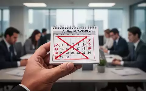 Eine Hand hält einen Miniaturkalender, auf dem ein Zwei-Wochen-Zeitraum durchgestrichen ist, im Hintergrund verschwommene Büroangestellte. - Foto: über boerse-global.de