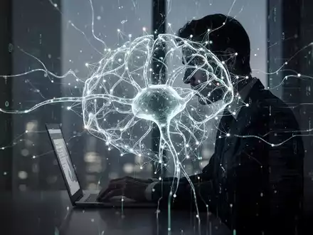Eine stilisierte, leuchtende neuronale Netzwerkgrafik überlagert die Silhouette einer Person, die an einem Laptop arbeitet, umgeben von digitalen Datenströmen. - Foto: über boerse-global.de