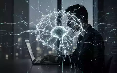 Eine stilisierte, leuchtende neuronale Netzwerkgrafik überlagert die Silhouette einer Person, die an einem Laptop arbeitet, umgeben von digitalen Datenströmen. - Foto: über boerse-global.de