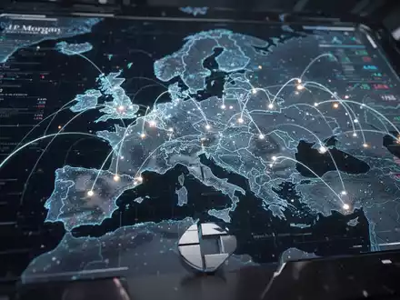 A digital map of Europe with glowing financial data points and interconnected lines, representing J.P. Morgan Chase's digital banking expansion. - Foto: über boerse-global.de