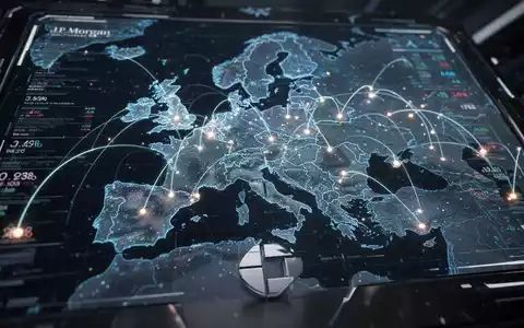 A digital map of Europe with glowing financial data points and interconnected lines, representing J.P. Morgan Chase's digital banking expansion. - Foto: über boerse-global.de