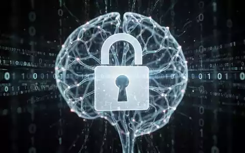 Ein digitales Vorhängeschloss-Symbol über einem unscharfen Hintergrund eines KI-Neuronalen Netzes mit fließendem Binärcode. Dunkel, futuristisch. - Foto: über boerse-global.de