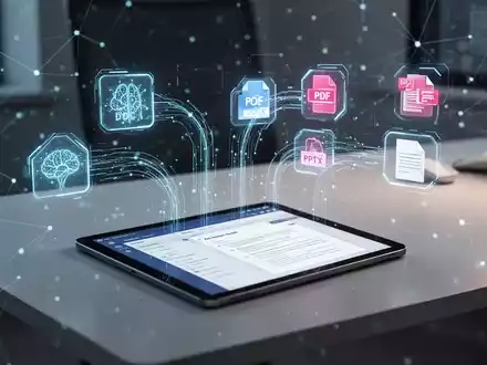 Eine futuristische Büroumgebung mit einem Tablet, das Dokumentenmanagement-Software anzeigt, überlagert von einem leuchtenden neuronalen Netzwerk. - Foto: über boerse-global.de