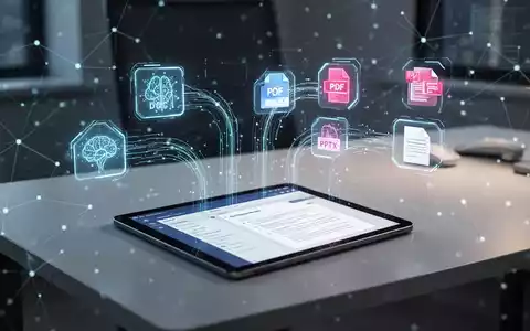 Eine futuristische Büroumgebung mit einem Tablet, das Dokumentenmanagement-Software anzeigt, überlagert von einem leuchtenden neuronalen Netzwerk. - Foto: über boerse-global.de