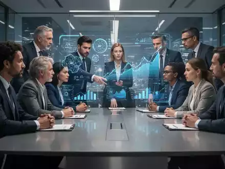 Eine Gruppe von Geschäftsleuten diskutiert an einem Konferenztisch mit einer holographischen KI-Projektion. - Foto: über boerse-global.de