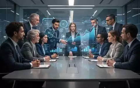 Eine Gruppe von Geschäftsleuten diskutiert an einem Konferenztisch mit einer holographischen KI-Projektion. - Foto: über boerse-global.de