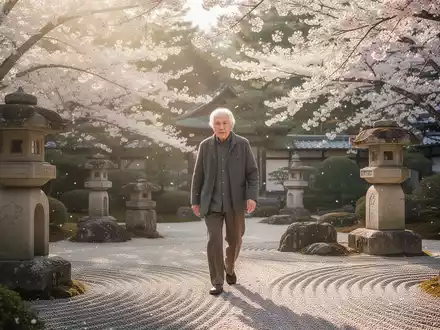 Eine ältere Person beim Intervall-Gehen in einem japanischen Garten, umgeben von Kirschblüten und traditionellen Elementen. - Foto: über boerse-global.de